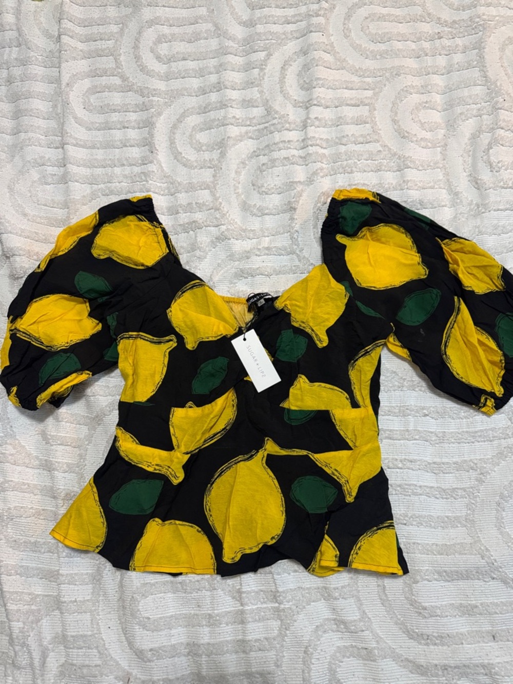 Sugarlips Black Lemon-Print Puff Sleeve Blouse